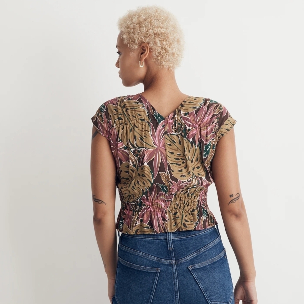 Madewell Shirred Cap-Sleeve Top in Brushstroke Monstera Size XS - Picture 3 of 7